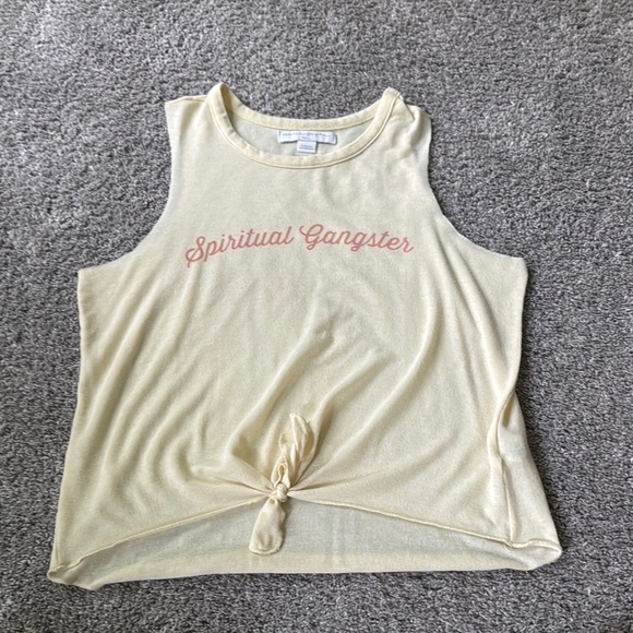 Spiritual Gangster Tops - Spiritual Gangster Cream Sleeveless Muscle Tee with Tie Front